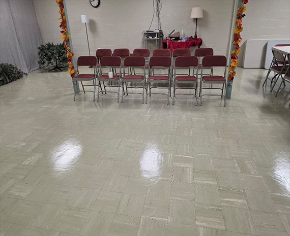 Basement library floor VCT shined