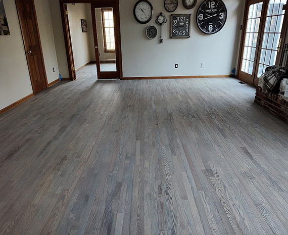 Shamong side view family room floor stained