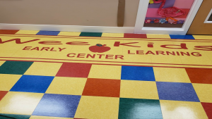 VCT, vinyl composite tile refinished and shined