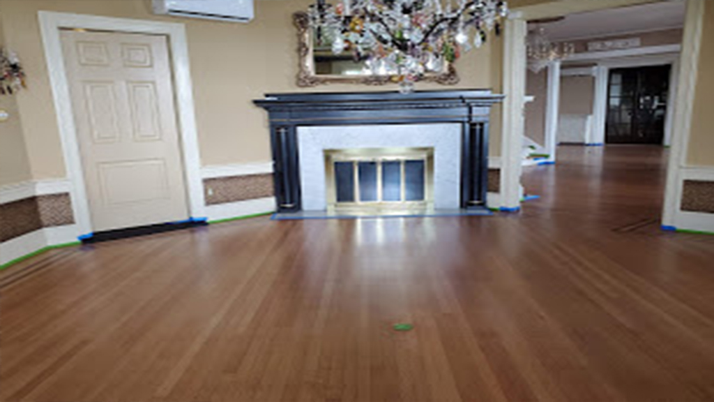 Opposing view of the beauty and brilliance of this newly refinished dining room floor