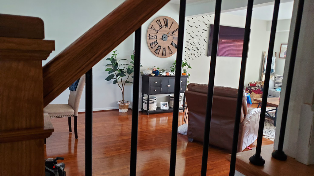 New iron spindles and oak railing