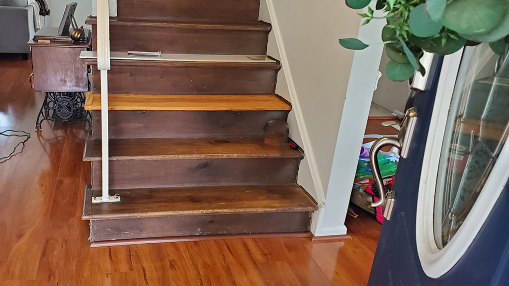 old metal railing-old pine stair tread