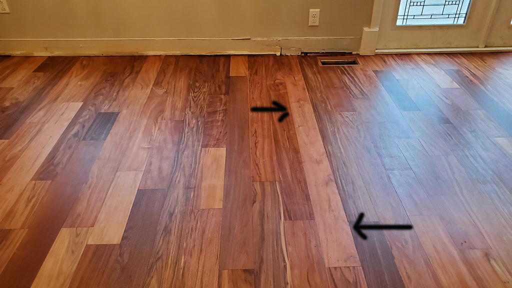 Santos mahogany board replaced, floor refinished
