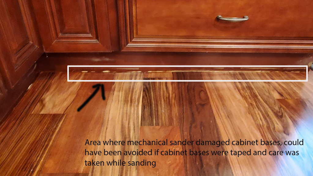 Improper hardwood floor edge sanding-damage to kitchen cabinets