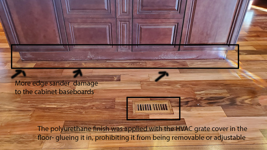 Hardwood floor sanding damage- baseboards & vent glued in place