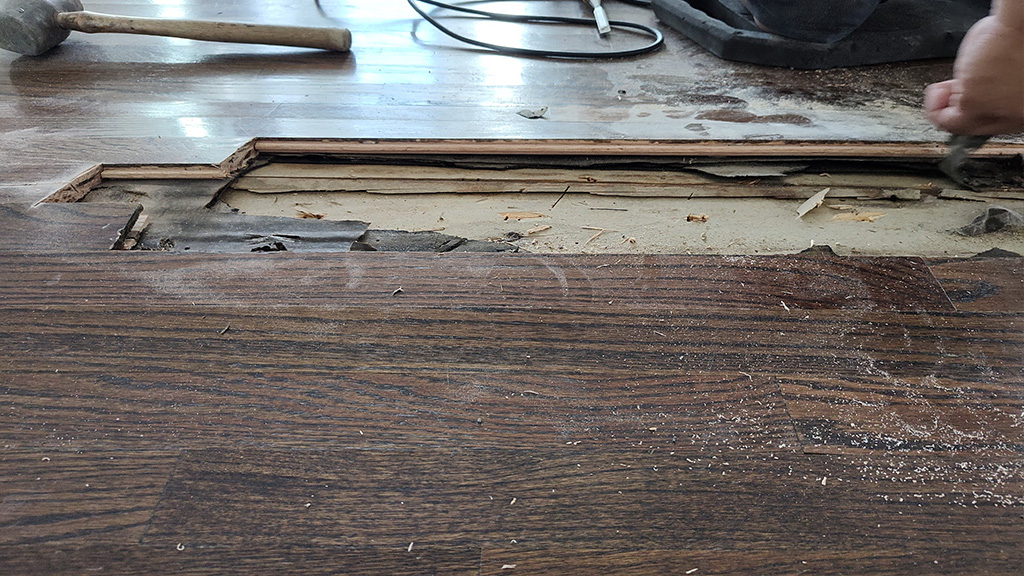 Moisture damaged red oak boards removed