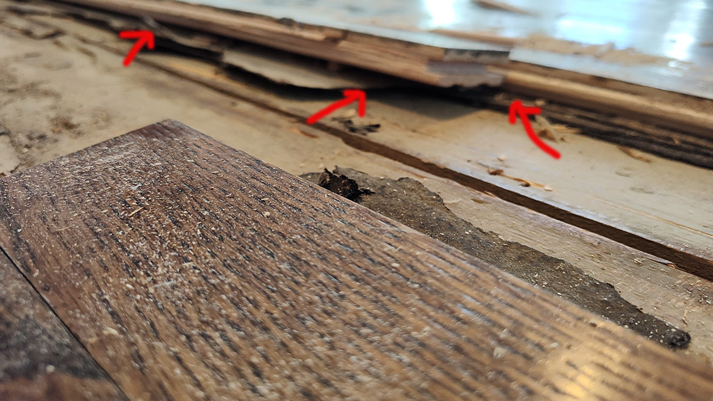 subfloor water damage causes face board to rise up on angle