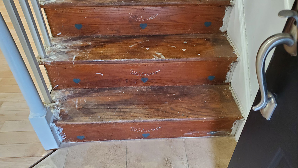 old pine stairs with tacky stencils