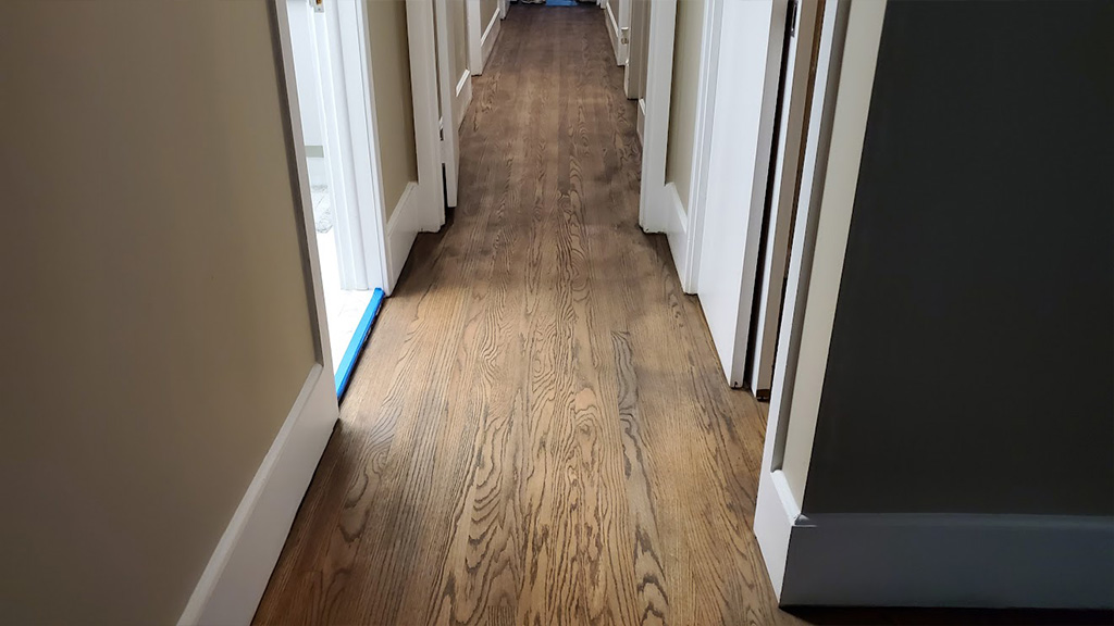 hallway deep drum marks, edger digs fixed & stained in Yardley
