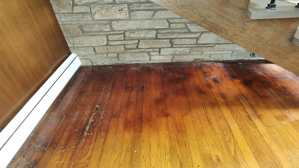 Yardley pet stains on red oak floor under open stairs, Morrisville pet stains revealed when carpet removed, Bucks County pet urine damage uncovered on hardwood when carpet removed