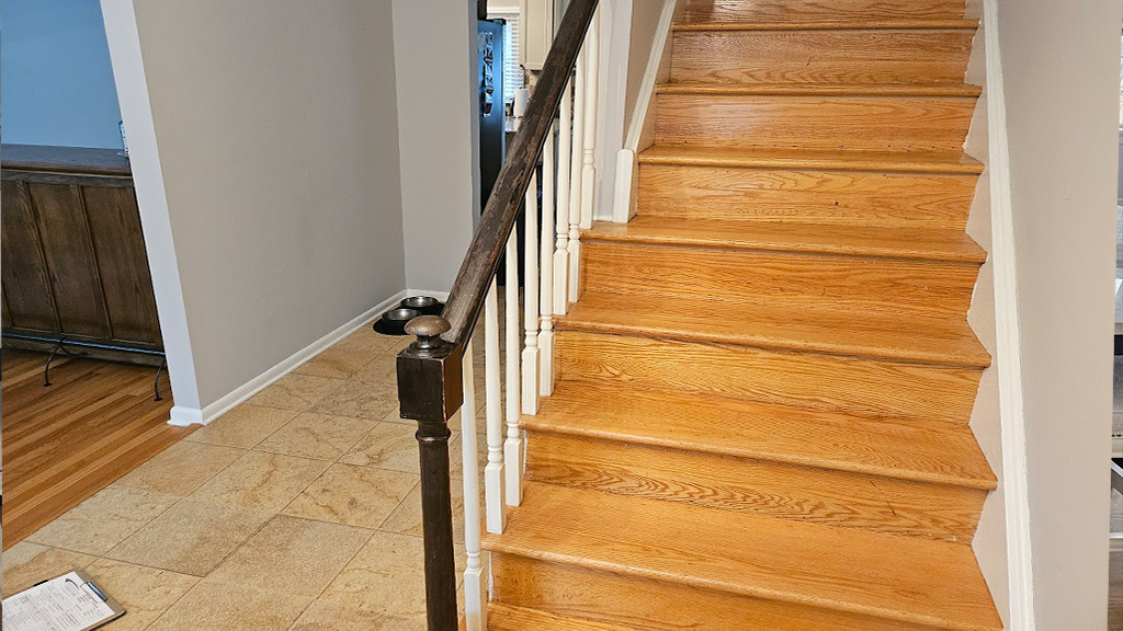 CherryHill- dated hardwood stairs & railings before