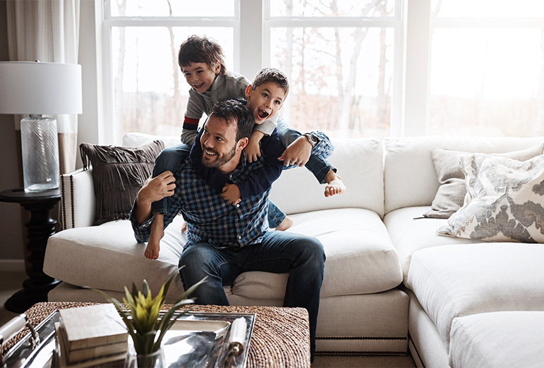 upholstered sofa with family