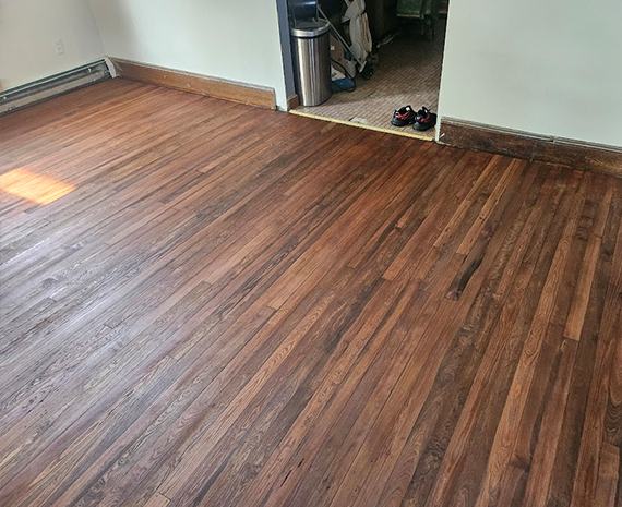 view of kitchen wall pine floor done 570 x 465