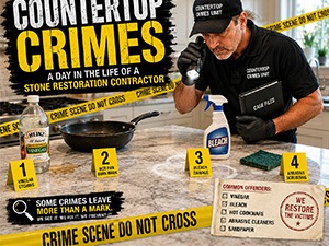 Infographic 'Countertop Crimes' showing a stone restoration contractor at a workbench with tools, crime-scene tape, and a four-step checklist.