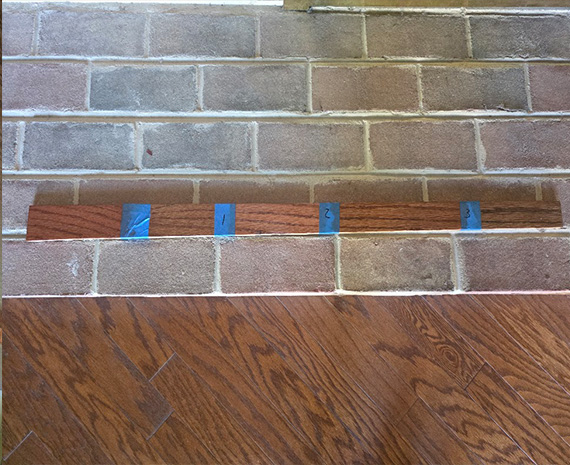 Custom stain and sheen samples prepared for engineered hardwood refinishing.