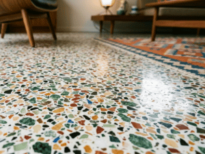 Close-up of a terrazzo floor with colorful chips (green, orange, black, white) in a living room setting, with furniture in the background.