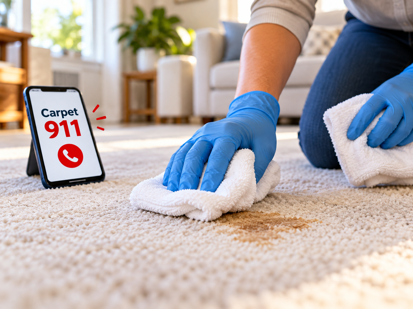 Gloved hands blotting a carpet stain with white towels beside a phone displaying Carpet 911, emphasizing the importance of immediate cleanup.