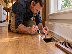 Professional inspecting the wear layer of an engineered hardwood floor at a removed floor vent.